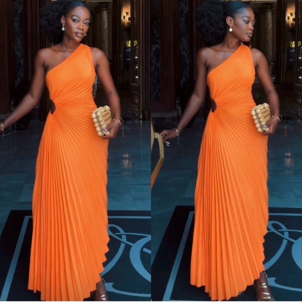 A. L.C Delfina Cut Out One Shoulder In Citrus Orange Asymmetrical Midi Dress Sz4 - Picture 2 of 9